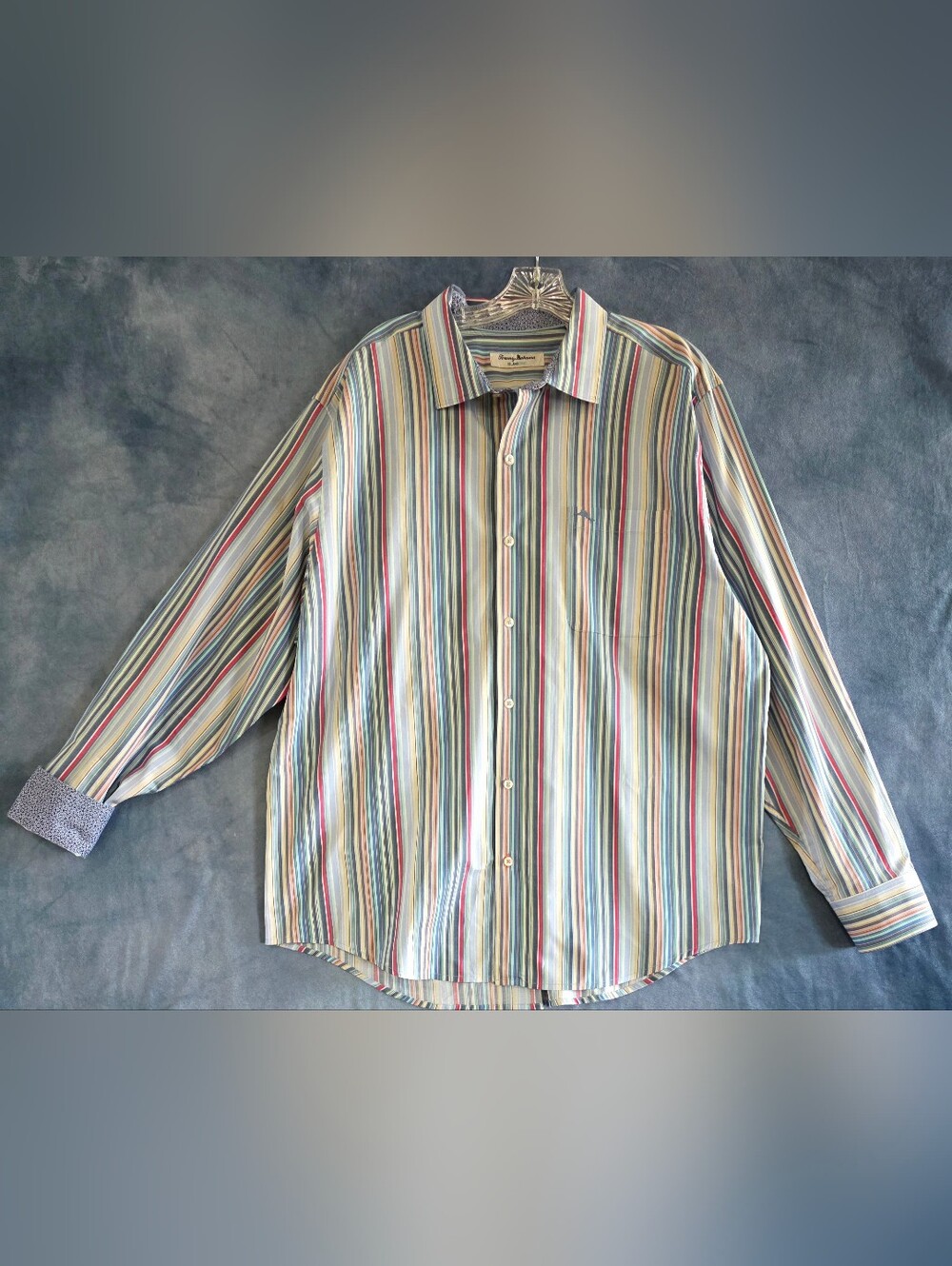 Tommy Bahama Shirt Mens XL Button Blue Pink Striped Pima Cotton Long Sleeve Peru